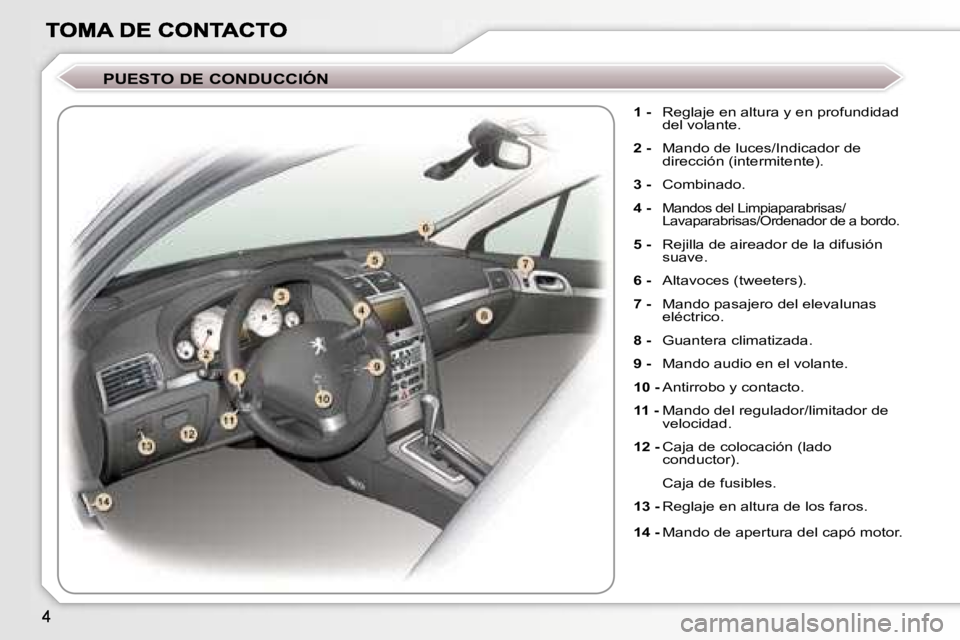 Peugeot 407 2007  Manual del propietario (in Spanish) �P�U�E�S�T�O� �D�E� �C�O�N�D�U�C�C�I�Ó�N
�1� �-�  �R�e�g�l�a�j�e� �e�n� �a�l�t�u�r�a� �y� �e�n� �p�r�o�f�u�n�d�i�d�a�d� �d�e�l� �v�o�l�a�n�t�e�.
�2� �-�  �M�a�n�d�o� �d�e� �l�u�c�e�s�/�I�n�d�i�c�a�d�