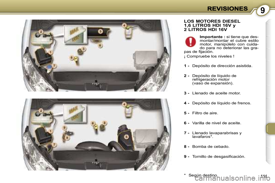 Peugeot 407 2007  Manual del propietario (in Spanish) �9
�1�1�1
�L�O�S� �M�O�T�O�R�E�S� �D�I�E�S�E�L�  
�1�,�6� �L�I�T�R�O�S� �H�D�I� �1�6�V� �y� 
�2� �L�I�T�R�O�S� �H�D�I� �1�6�V
�*�  �S�e�g�ú�n� �d�e�s�t�i�n�o�.
�I�m�p�o�r�t�a�n�t�e� �:� �s�i� �t�i�e�