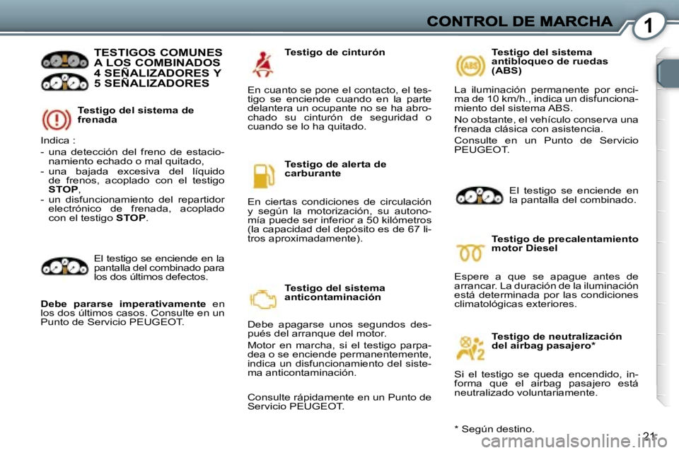 Peugeot 407 2007  Manual del propietario (in Spanish) �1
�2�1
�T�e�s�t�i�g�o� �d�e�l� �s�i�s�t�e�m�a� �d�e� �f�r�e�n�a�d�a
�T�E�S�T�I�G�O�S� �C�O�M�U�N�E�S�  
�A� �L�O�S� �C�O�M�B�I�N�A�D�O�S� 
�4� �S�E�Ñ�A�L�I�Z�A�D�O�R�E�S� �Y� 
�5� �S�E�Ñ�A�L�I�Z�A�