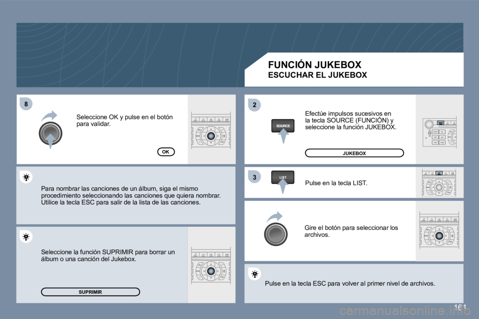 Peugeot 407 2007  Manual del propietario (in Spanish) �8�8�2�2
�3�3
�1�6�1
�S�U�P�R�I�M�I�R
�O�K
�F�U�N�C�I�Ó�N� �J�U�K�E�B�O�X
�E�S�C�U�C�H�A�R� �E�L� �J�U�K�E�B�O�X
�E�f�e�c�t�ú�e� �i�m�p�u�l�s�o�s� �s�u�c�e�s�i�v�o�s� �e�n� �l�a� �t�e�c�l�a� �S�O�U�