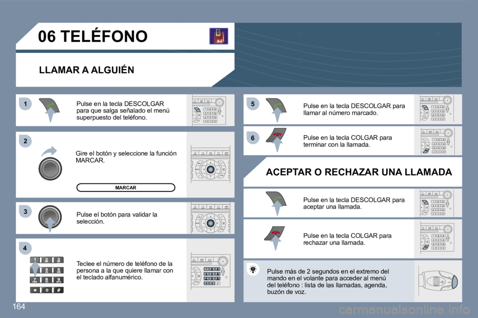 Peugeot 407 2007  Manual del propietario (in Spanish) �1�1
�2�2
�3�3
�4�4
�5�5
�6�6
�1�6�4
�0�6� �T�E�L�É�F�O�N�O
�L�L�A�M�A�R� �A� �A�L�G�U�I�É�N
�G�i�r�e� �e�l� �b�o�t�ó�n� �y� �s�e�l�e�c�c�i�o�n�e� �l�a� �f�u�n�c�i�ó�n� �M�A�R�C�A�R�.
�P�u�l�s�e� 