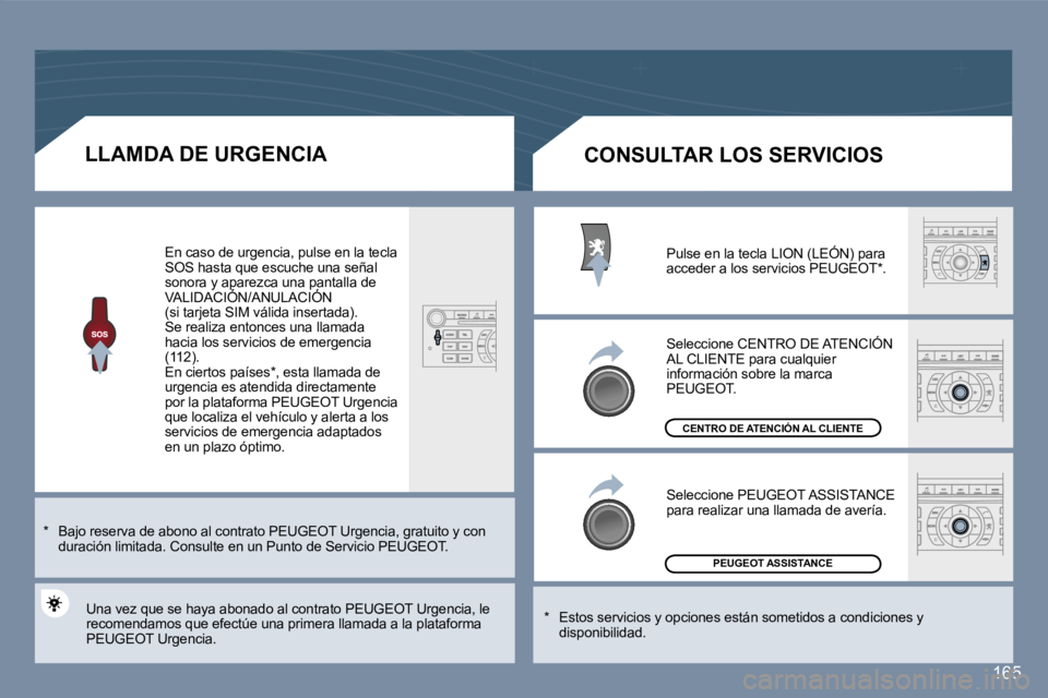 Peugeot 407 2007  Manual del propietario (in Spanish) �1�6�5
�L�L�A�M�D�A� �D�E� �U�R�G�E�N�C�I�A
�*�  �B�a�j�o� �r�e�s�e�r�v�a� �d�e� �a�b�o�n�o� �a�l� �c�o�n�t�r�a�t�o� �P�E�U�G�E�O�T� �U�r�g�e�n�c�i�a�,� �g�r�a�t�u�i�t�o� �y� �c�o�n� �P�E�U�G�E�O�T�P�