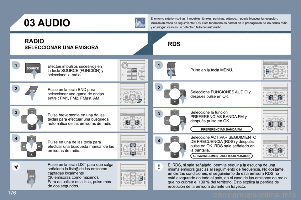 Peugeot 407 2007  Manual del propietario (in Spanish) �1�1
�2�2
�3�3
�4�4
�2�2
�4�4
�3�3
�1�1
�1�7�6
�0�3� �A�U�D�I�O
�R�A�D�I�O
�S�E�L�E�C�C�I�O�N�A�R� �U�N�A� �E�M�I�S�O�R�A
�E�f�e�c�t�ú�e� �i�m�p�u�l�s�o�s� �s�u�c�e�s�i�v�o�s� �e�n� �l�a� �t�e�c�l�a�