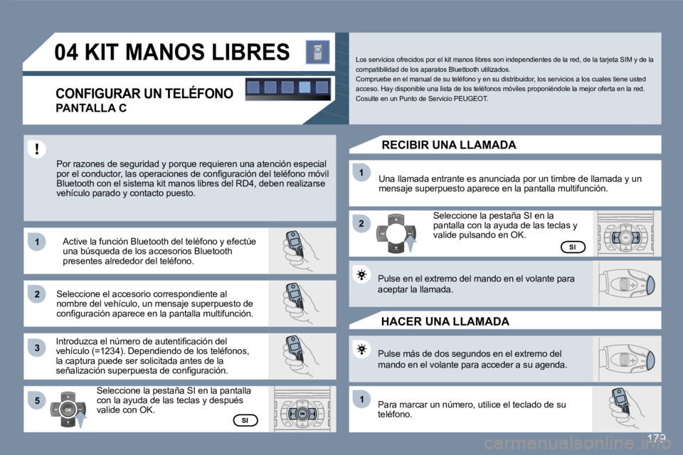 Peugeot 407 2007  Manual del propietario (in Spanish) �1�1
�2�2
�3�3
�1�1
�2�2
�5�5�1�1
�1�7�9
�0�4� �K�I�T� �M�A�N�O�S� �L�I�B�R�E�S
�C�O�N�F�I�G�U�R�A�R� �U�N� �T�E�L�É�F�O�N�O
�P�A�N�T�A�L�L�A� �C
�P�o�r� �r�a�z�o�n�e�s� �d�e� �s�e�g�u�r�i�d�a�d� �y�