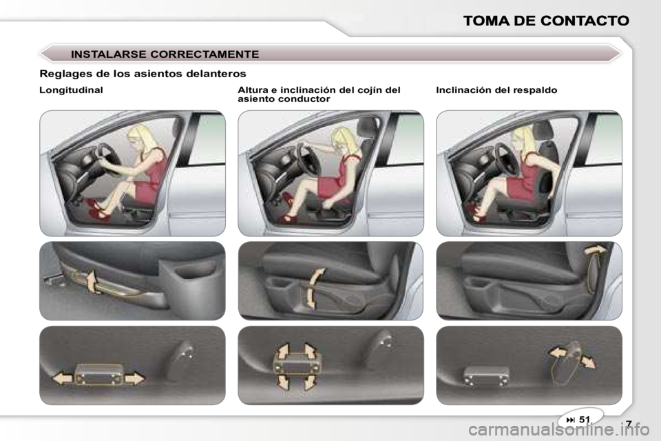 Peugeot 407 2007  Manual del propietario (in Spanish) �I�N�S�T�A�L�A�R�S�E� �C�O�R�R�E�C�T�A�M�E�N�T�E
�� �5�1
�R�e�g�l�a�g�e�s� �d�e� �l�o�s� �a�s�i�e�n�t�o�s� �d�e�l�a�n�t�e�r�o�s
�L�o�n�g�i�t�u�d�i�n�a�l�A�l�t�u�r�a� �e� �i�n�c�l�i�n�a�c�i�ó�n� �d