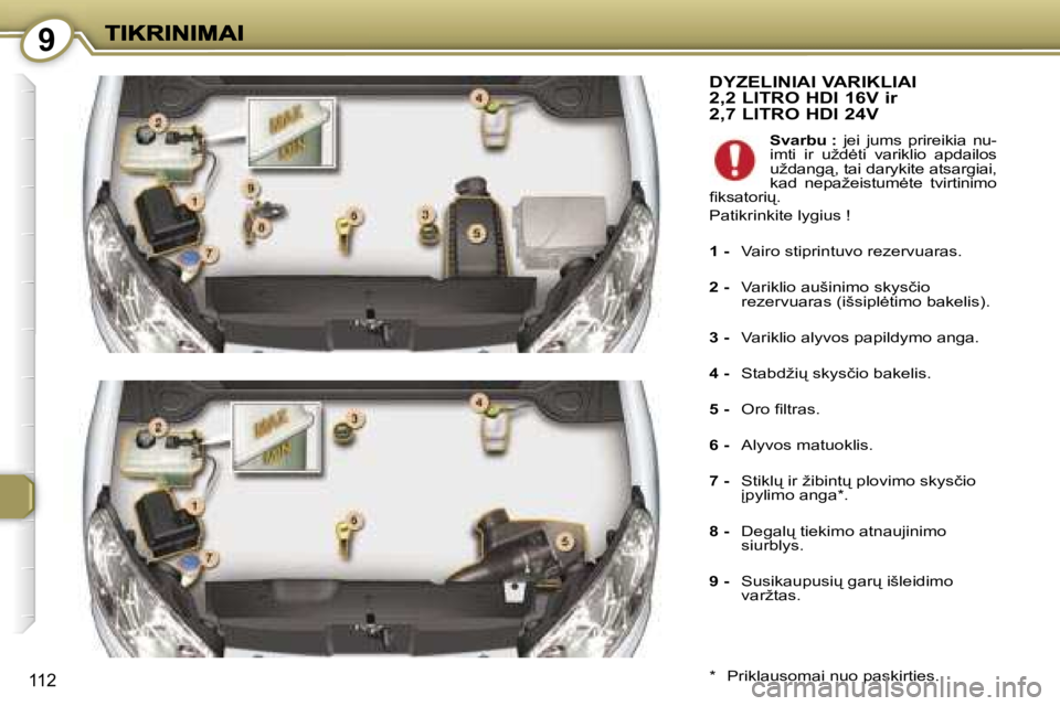 Peugeot 407 2007  Savininko vadovas (in Lithuanian) �9
�1�1�2
�D�Y�Z�E�L�I�N�I�A�I� �V�A�R�I�K�L�I�A�I�  
�2�,�2� �L�I�T�R�O� �H�D�I� �1�6�V� �i�r� 
�2�,�7� �L�I�T�R�O� �H�D�I� �2�4�V
�*�  �P�r�i�k�l�a�u�s�o�m�a�i� �n�u�o� �p�a�s�k�i�r�t�i�e�s�.
�S�v�a