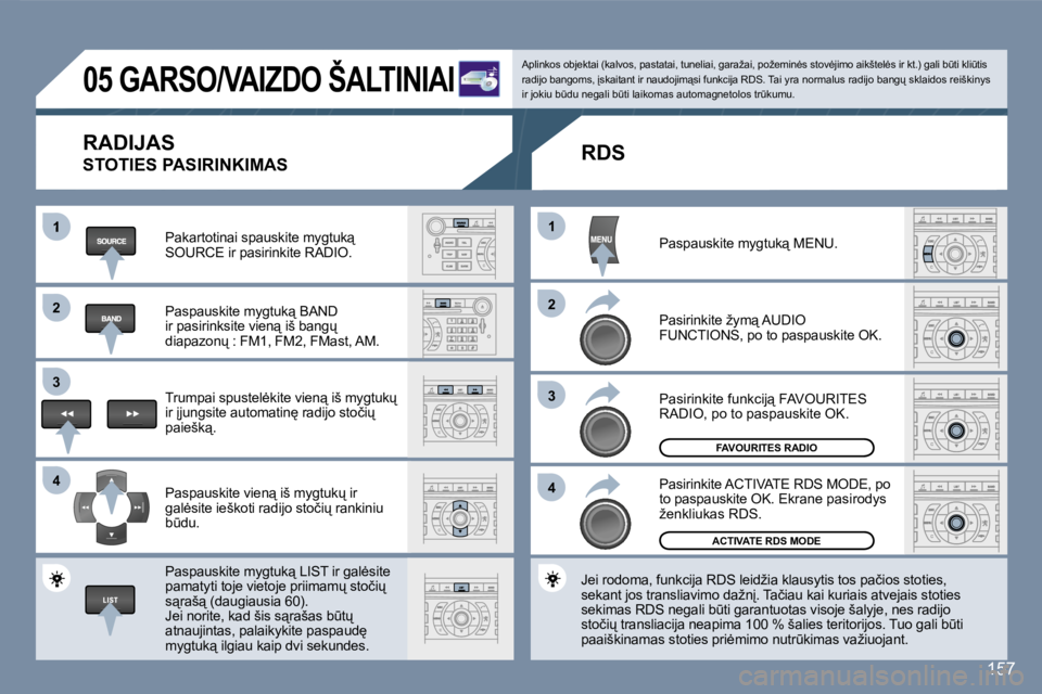 Peugeot 407 2007  Savininko vadovas (in Lithuanian) �1
�2�2
�3�3
�4�4
�1�1
�2�2
�3�3
�4�4
�1�5�7
�0�5� �G�A�R�S�O�/�V�A�I�Z�D�O� �Š�A�L�T�I�N�I�A�I
�R�A�D�I�J�A�S
�S�T�O�T�I�E�S� �P�A�S�I�R�I�N�K�I�M�A�S
�P�a�k�a�r�t�o�t�i�n�a�i� �s�p�a�u�s�k�i�t�e� �