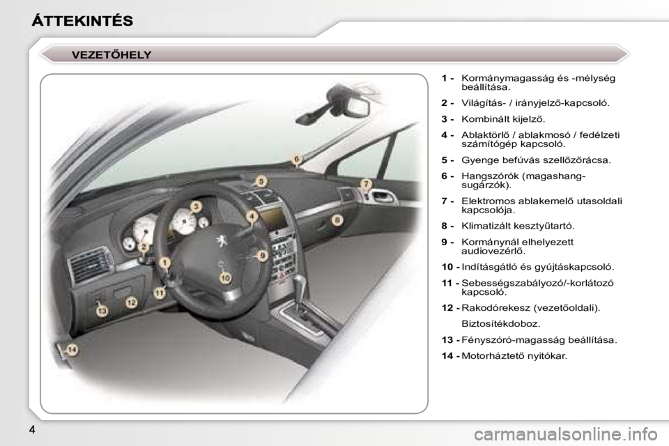 Peugeot 407 2007  Kezelési útmutató (in Hungarian) �V�E�Z�E�T4�H�E�L�Y� 
�1� �-�  �K�o�r�m�á�n�y�m�a�g�a�s�s�á�g� �é�s� �-�m�é�l�y�s�é�g� �b�e�á�l�l�í�t�á�s�a�.
�2� �-�  �V�i�l�á�g�í�t�á�s�-� �/� �i�r�á�n�y�j�e�l�z5�-�k�a�p�c�s�o�l�ó�.
