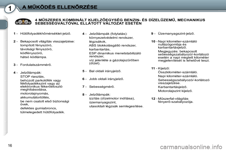 Peugeot 407 2007  Kezelési útmutató (in Hungarian) �1
�1�6
�1� �-�  �HC�t5�f�o�l�y�a�d�é�k�h5�m�é�r�s�é�k�l�e�t�-�j�e�l�z5�.
�2� �-�  �B�e�k�a�p�c�s�o�l�t� �v�i�l�á�g�í�t�á�s� �v�i�s�s�z�a�j�e�l�z�é�s�e�:
�  �t�o�m�p�í�t�o�t�t� �f�é�n�y�s