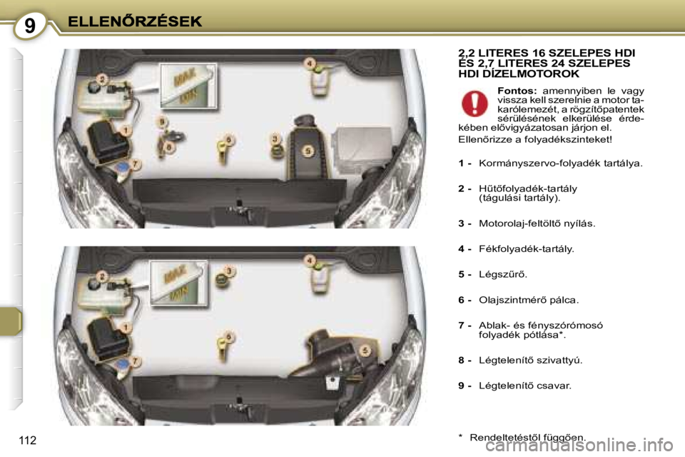 Peugeot 407 2007  Kezelési útmutató (in Hungarian) �9
�1�1�2
�2�,�2� �L�I�T�E�R�E�S� �1�6� �S�Z�E�L�E�P�E�S� �H�D�I�  
�É�S� �2�,�7� �L�I�T�E�R�E�S� �2�4� �S�Z�E�L�E�P�E�S� 
�H�D�I� �D�Í�Z�E�L�M�O�T�O�R�O�K
�*�  �R�e�n�d�e�l�t�e�t�é�s�t5�l� �f�ü�