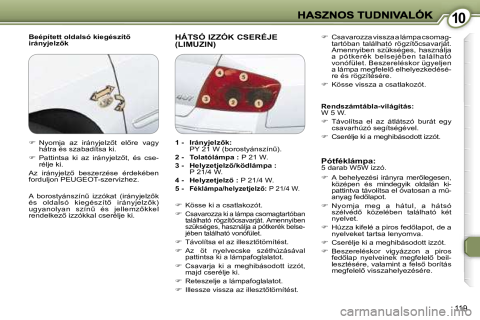 Peugeot 407 2007  Kezelési útmutató (in Hungarian) �1�0�1�0
�1�1�9
�B�e�é�p�í�t�e�t�t� �o�l�d�a�l�s�ó� �k�i�e�g�é�s�z�í�t5� �i�r�á�n�y�j�e�l�z5�k�H�Á�T�S�Ó� �I�Z�Z�Ó�K� �C�S�E�R�É�J�E�  
�(�L�I�M�U�Z�I�N�)
�P�ó�t�f�é�k�l�á�m�p�a�:� �5� 