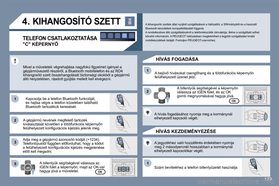 Peugeot 407 2007  Kezelési útmutató (in Hungarian) �1�1
�2�2
�3�3
�1�1
�2�2
�5�5�1�1
�1�7�9
�4�.� �K�I�H�A�N�G�O�S�Í�T�Ó� �S�Z�E�T�T
�T�E�L�E�F�O�N� �C�S�A�T�L�A�K�O�Z�T�A�T�Á�S�A
�"�C�"� �K�É�P�E�R�N�Y4
�M�i�v�e�l� �a� �mC�v�e�l�e�t�e�k