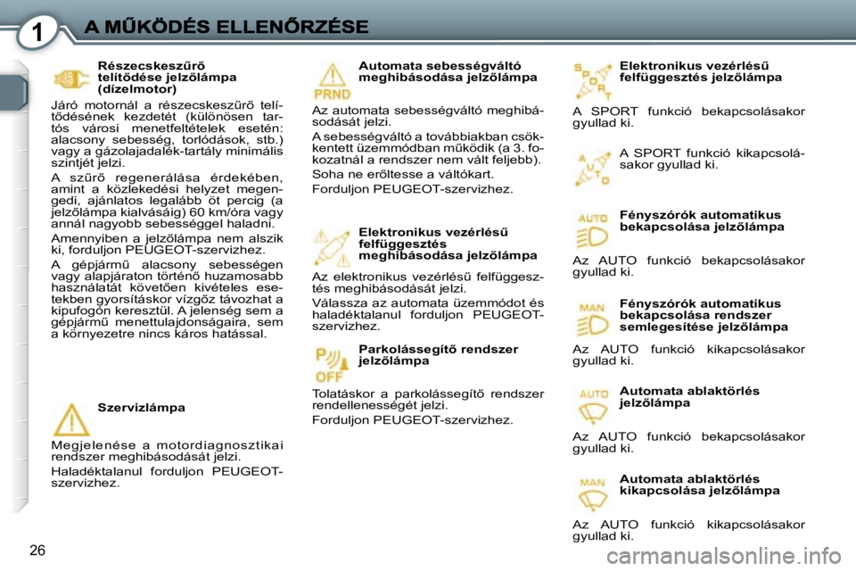 Peugeot 407 2007  Kezelési útmutató (in Hungarian) �1
�2�6
�E�l�e�k�t�r�o�n�i�k�u�s� �v�e�z�é�r�l�é�sC� �f�e�l�f�ü�g�g�e�s�z�t�é�s� �j�e�l�z5�l�á�m�p�a
�A�  �S�P�O�R�T�  �f�u�n�k�c�i�ó�  �b�e�k�a�p�c�s�o�l�á�s�a�k�o�r� �g�y�u�l�l�a�d� �k�i�.
