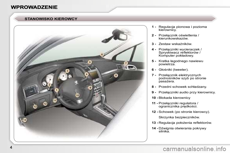 Peugeot 407 2007  Instrukcja Obsługi (in Polish) �S�T�A�N�O�W�I�S�K�O� �K�I�E�R�O�W�C�Y
�1� �-�  �R�e�g�u�l�a�c�j�a� �p�i�o�n�o�w�a� �i� �p�o�z�i�o�m�a� �k�i�e�r�o�w�n�i�c�y�.
�2� �-�  �P�r�z�e�ł"�c�z�n�i�k� �o;�w�i�e�t�l�e�n�i�a� �/� �k�i�e�