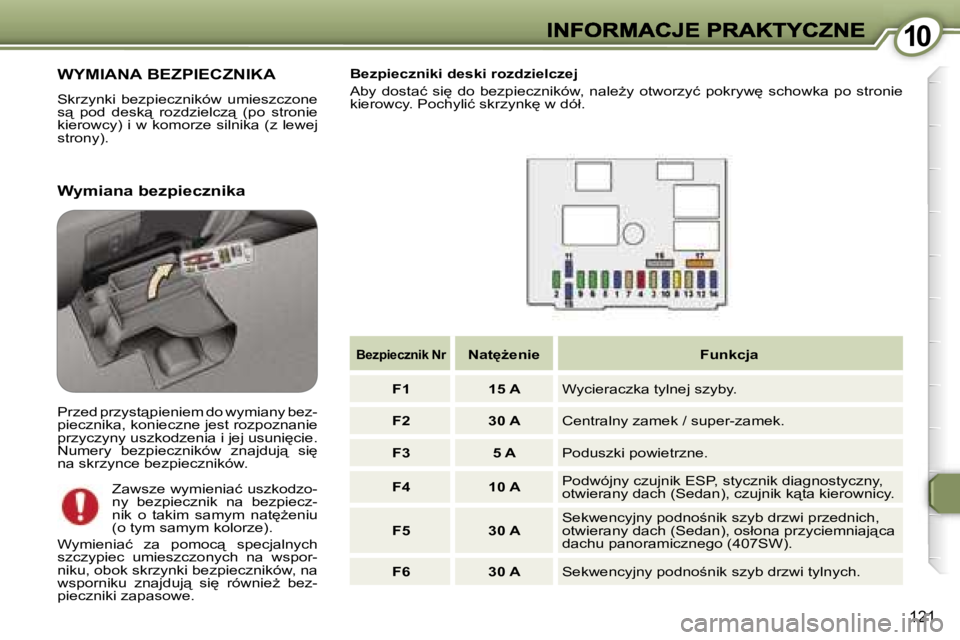 Peugeot 407 2007  Instrukcja Obsługi (in Polish) �1�0�1�0
�1�2�1
�W�Y�M�I�A�N�A� �B�E�Z�P�I�E�C�Z�N�I�K�A
�S�k�r�z�y�n�k�i�  �b�e�z�p�i�e�c�z�n�i�k�ó�w�  �u�m�i�e�s�z�c�z�o�n�e� �s"�  �p�o�d�  �d�e�s�k"�  �r�o�z�d�z�i�e�l�c�z"�  �(�p