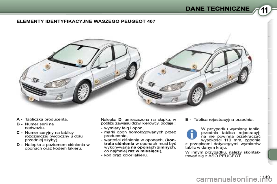 Peugeot 407 2007  Instrukcja Obsługi (in Polish) �1�1
�1�4�3
�A� �-� �T�a�b�l�i�c�z�k�a� �p�r�o�d�u�c�e�n�t�a�.
�B� �-� �N�u�m�e�r� �s�e�r�i�i� �n�a� �n�a�d�w�o�z�i�u�.
�C� �-� �N�u�m�e�r� �s�e�r�y�j�n�y� �n�a� �t�a�b�l�i�c�y� �r�o�z�d�z�i�e�l�c�z�e
