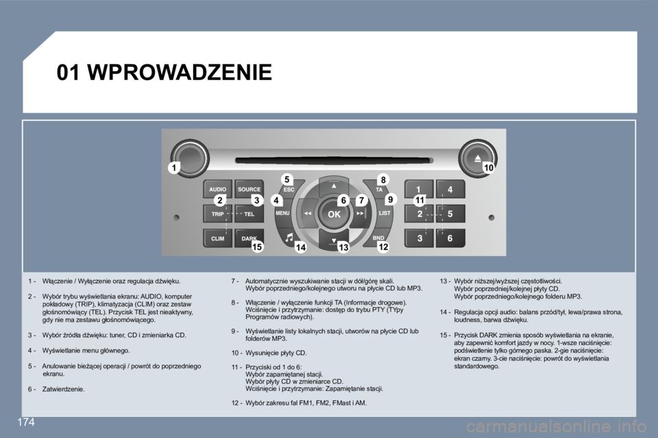 Peugeot 407 2007  Instrukcja Obsługi (in Polish) �1�1
�2�2�3�3�4�4
�5�5
�6�6�7�7
�1�0�1�0
�1�1�1�1
�1�2�1�2�1�3�1�3�1�4�1�4�1�5�1�5
�8�8
�9�9
�1�7�4
�0�1� �W�P�R�O�W�A�D�Z�E�N�I�E
�1� �-�  �W�ł"�c�z�e�n�i�e� �/� �W�y�ł"�c�z�e�n�i�e� �o�r