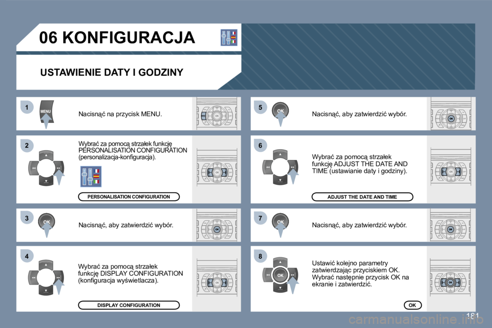 Peugeot 407 2007  Instrukcja Obsługi (in Polish) �5�5
�6�6
�7�7
�8�8
�1�1
�2�2
�3�3
�4�4
�1�8�1
�0�6� �K�O�N�F�I�G�U�R�A�C�J�A
�U�S�T�A�W�I�E�N�I�E� �D�A�T�Y� �I� �G�O�D�Z�I�N�Y
�N�a�c�i�s�n"�ć� �n�a� �p�r�z�y�c�i�s�k� �M�E�N�U�.
�W�y�b�r�a�ć