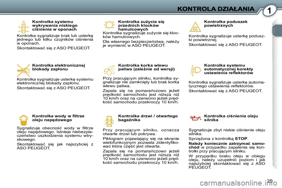 Peugeot 407 2007  Instrukcja Obsługi (in Polish) �1
�2�5
�K�o�n�t�r�o�l�k�a� �s�y�s�t�e�m�u� �w�y�k�r�y�w�a�n�i�a� �n�i�s�k�i�e�g�o� �c�i;�n�i�e�n�i�a� �w� �o�p�o�n�a�c�h
�K�o�n�t�r�o�l�k�a� �s�y�g�n�a�l�i�z�u�j�e� �b�r�a�k� �l�u�b� �u�s�t�e�r�k
�