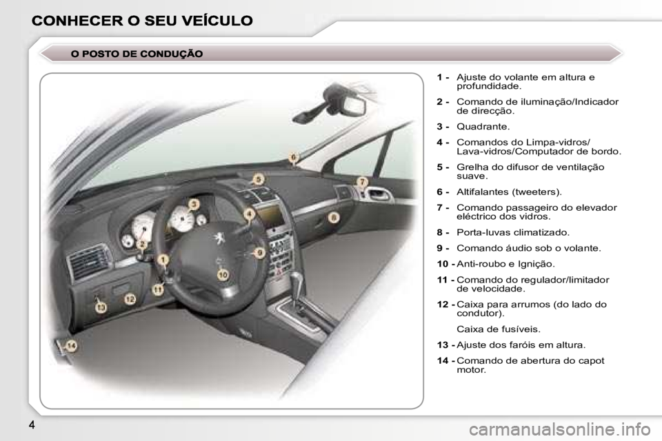 Peugeot 407 2007  Manual do proprietário (in Portuguese) �1� �-�  �A�j�u�s�t�e� �d�o� �v�o�l�a�n�t�e� �e�m� �a�l�t�u�r�a� �e� �p�r�o�f�u�n�d�i�d�a�d�e�.
�2� �-�  �C�o�m�a�n�d�o� �d�e� �i�l�u�m�i�n�a�ç�ã�o�/�I�n�d�i�c�a�d�o�r� �d�e� �d�i�r�e�c�ç�ã�o�.
�3