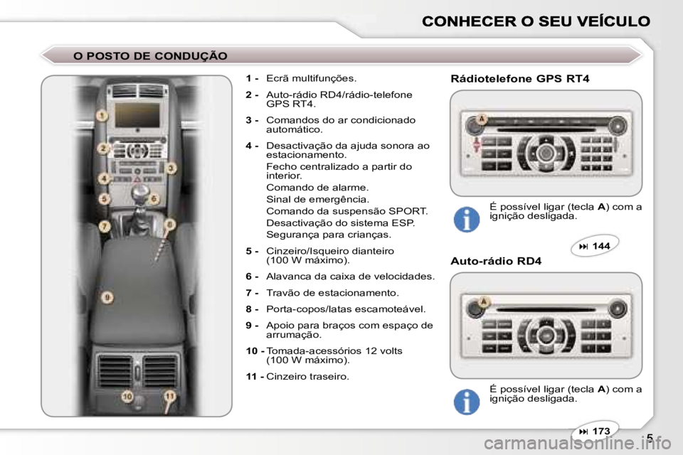 Peugeot 407 2007  Manual do proprietário (in Portuguese) �O� �P�O�S�T�O� �D�E� �C�O�N�D�U�Ç�Ã�O
�1� �-�  �E�c�r�ã� �m�u�l�t�i�f�u�n�ç�õ�e�s�.
�2� �-�  �A�u�t�o�-�r�á�d�i�o� �R�D�4�/�r�á�d�i�o�-�t�e�l�e�f�o�n�e� �G�P�S� �R�T�4�.
�3� �-�  �C�o�m�a�n�d�