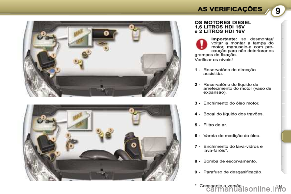 Peugeot 407 2007  Manual do proprietário (in Portuguese) �9
�1�1�1
�O�S� �M�O�T�O�R�E�S� �D�I�E�S�E�L�  
�1�,�6� �L�I�T�R�O�S� �H�D�I� �1�6�V� 
�e� �2� �L�I�T�R�O�S� �H�D�I� �1�6�V
�*�  �C�o�n�s�o�a�n�t�e� �a� �v�e�r�s�ã�o�.
�I�m�p�o�r�t�a�n�t�e�:�  �s�e� 