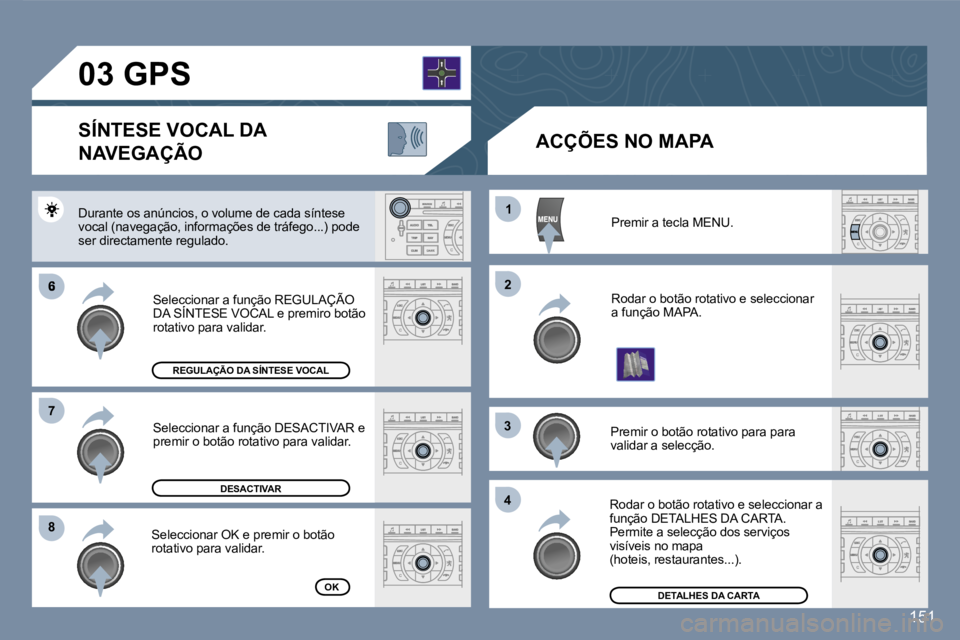 Peugeot 407 2007  Manual do proprietário (in Portuguese) �6
�8�8
�1�1
�2�2
�3�3
�4�4
�7�7
�1�5�1
�P�r�e�m�i�r� �a� �t�e�c�l�a� �M�E�N�U�.
�R�o�d�a�r� �o� �b�o�t�ã�o� �r�o�t�a�t�i�v�o� �e� �s�e�l�e�c�c�i�o�n�a�r� �a� �f�u�n�ç�ã�o� �M�A�P�A�.
�P�r�e�m�i�r�