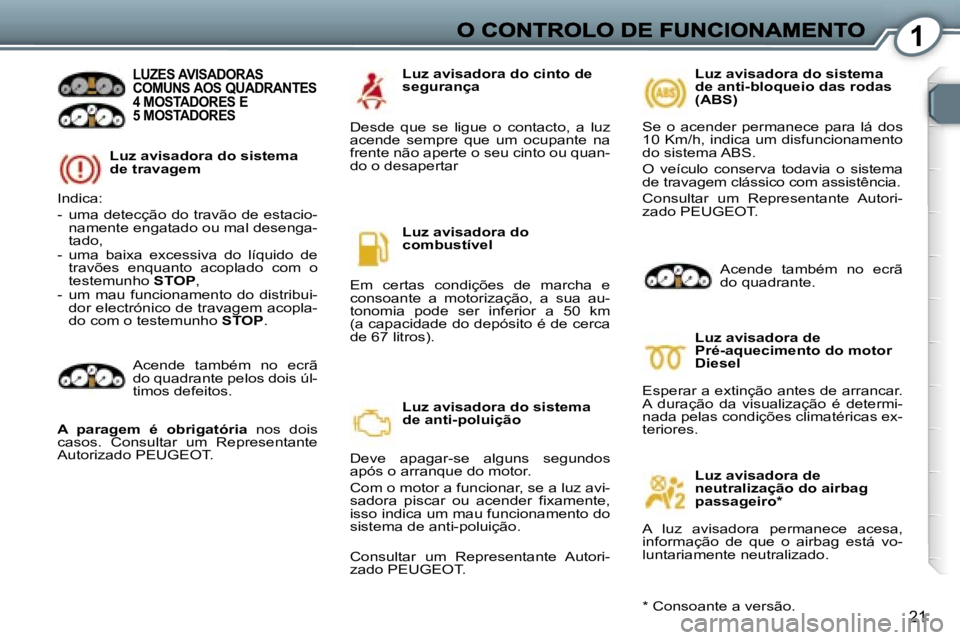 Peugeot 407 2007  Manual do proprietário (in Portuguese) �1
�2�1
�L�u�z� �a�v�i�s�a�d�o�r�a� �d�o� �s�i�s�t�e�m�a� �d�e� �t�r�a�v�a�g�e�m
�L�U�Z�E�S� �A�V�I�S�A�D�O�R�A�S�  
�C�O�M�U�N�S� �A�O�S� �Q�U�A�D�R�A�N�T�E�S� 
�4� �M�O�S�T�A�D�O�R�E�S� �E� 
�5� �M�