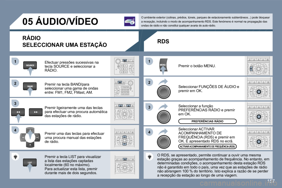 Peugeot 407 2007  Manual do proprietário (in Portuguese) �1
�2�2
�3�3
�4�4
�1�1
�2�2
�3�3
�4�4
�1�5�7
�0�5� �Á�U�D�I�O�/�V�Í�D�E�O
�R�Á�D�I�O
�S�E�L�E�C�C�I�O�N�A�R� �U�M�A� �E�S�T�A�Ç�Ã�O
�E�f�e�c�t�u�a�r� �p�r�e�s�s�õ�e�s� �s�u�c�e�s�s�i�v�a�s� �n�a
