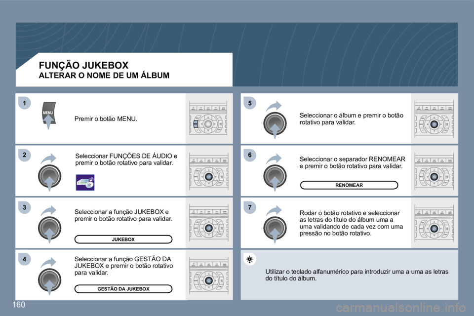 Peugeot 407 2007  Manual do proprietário (in Portuguese) �6�6
�7�7
�5�5
�2�2
�3�3
�4�4
�1�1
�1�6�0
�J�U�K�E�B�O�X
�R�E�N�O�M�E�A�R
�G�E�S�T�Ã�O� �D�A� �J�U�K�E�B�O�X
�F�U�N�Ç�Ã�O� �J�U�K�E�B�O�X
�A�L�T�E�R�A�R� �O� �N�O�M�E� �D�E� �U�M� �Á�L�B�U�M� 
�P�