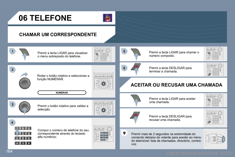 Peugeot 407 2007  Manual do proprietário (in Portuguese) �1�1
�2�2
�3�3
�4�4
�5�5
�6�6
�1�6�4
�0�6� �T�E�L�E�F�O�N�E
�C�H�A�M�A�R� �U�M� �C�O�R�R�E�S�P�O�N�D�E�N�T�E
�R�o�d�a�r� �o� �b�o�t�ã�o� �r�o�t�a�t�i�v�o� �e� �s�e�l�e�c�c�i�o�n�a�r� �a� �f�u�n�ç�ã