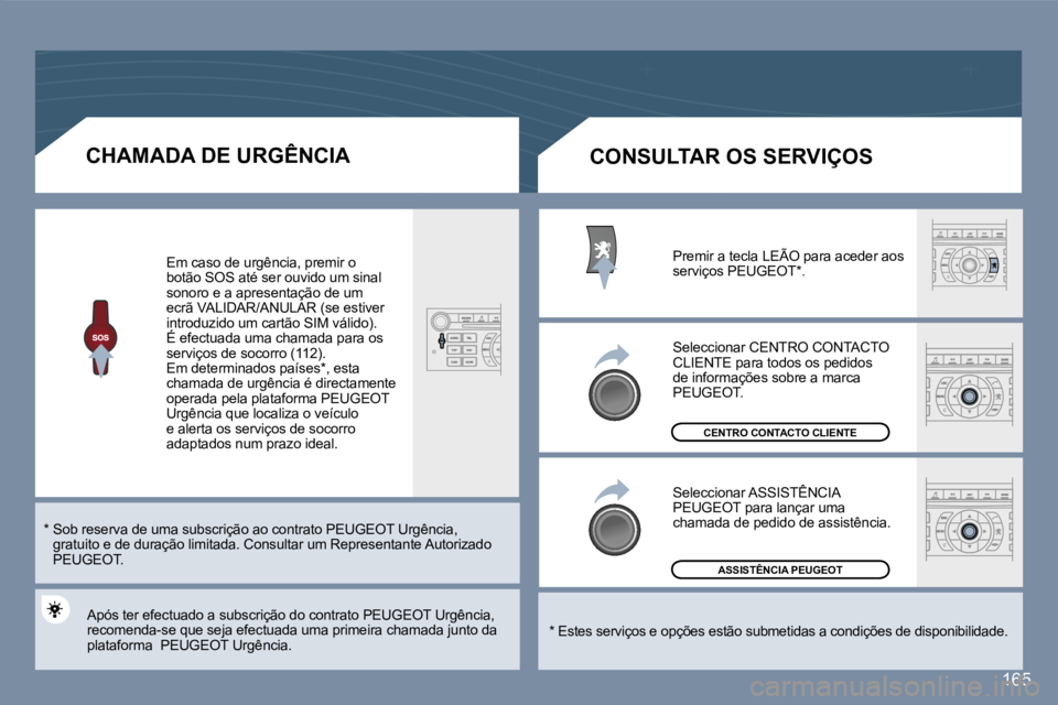 Peugeot 407 2007  Manual do proprietário (in Portuguese) �1�6�5
�C�H�A�M�A�D�A� �D�E� �U�R�G�Ê�N�C�I�A
�*� � �S�o�b� �r�e�s�e�r�v�a� �d�e� �u�m�a� �s�u�b�s�c�r�i�ç�ã�o� �a�o� �c�o�n�t�r�a�t�o� �P�E�U�G�E�O�T� �U�r�g�ê�n�c�i�a�,� �P�E�U�G�E�O�T�P�E�U�G�E