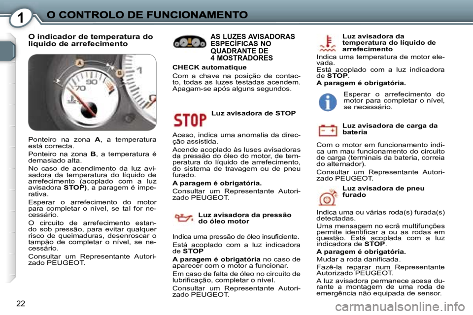 Peugeot 407 2007  Manual do proprietário (in Portuguese) �1
�2�2
�L�u�z� �a�v�i�s�a�d�o�r�a� �d�e� �S�T�O�P
�A�c�e�s�o�,� �i�n�d�i�c�a� �u�m�a� �a�n�o�m�a�l�i�a� �d�a� �d�i�r�e�c�-�ç�ã�o� �a�s�s�i�s�t�i�d�a�.
�A�c�e�n�d�e� �a�c�o�p�l�a�d�o� �à�s� �l�u�s�