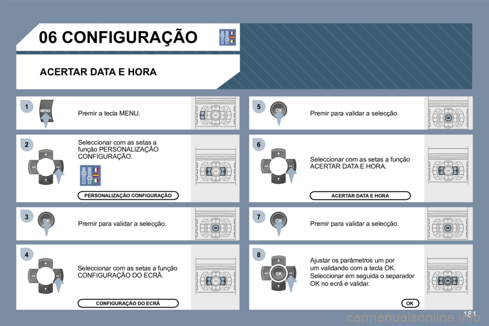 Peugeot 407 2007  Manual do proprietário (in Portuguese) �5�5
�6�6
�7�7
�8�8
�1�1
�2�2
�3�3
�4�4
�1�8�1
�0�6� �C�O�N�F�I�G�U�R�A�Ç�Ã�O� 
�A�C�E�R�T�A�R� �D�A�T�A� �E� �H�O�R�A
�P�r�e�m�i�r� �a� �t�e�c�l�a� �M�E�N�U�.
�S�e�l�e�c�c�i�o�n�a�r� �c�o�m� �a�s� 