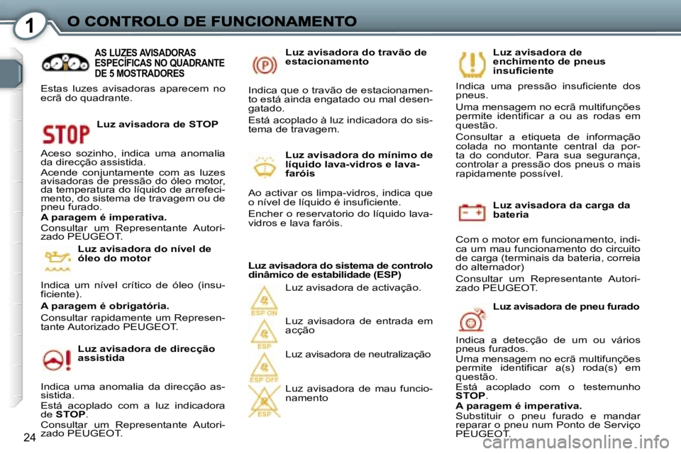 Peugeot 407 2007  Manual do proprietário (in Portuguese) �1
�2�4
�L�u�z� �a�v�i�s�a�d�o�r�a� �d�a� �c�a�r�g�a� �d�a� �b�a�t�e�r�i�a
�C�o�m� �o� �m�o�t�o�r� �e�m� �f�u�n�c�i�o�n�a�m�e�n�t�o�,� �i�n�d�i�-�c�a� �u�m� �m�a�u� �f�u�n�c�i�o�n�a�m�e�n�t�o� �d�o� �