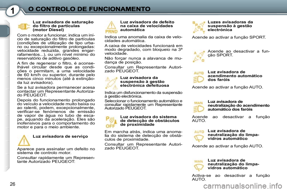Peugeot 407 2007  Manual do proprietário (in Portuguese) �1
�2�6
�L�u�z�e�s� �a�v�i�s�a�d�o�r�a�s� �d�a� �s�u�s�p�e�n�s�ã�o� �à� �g�e�s�t�ã�o� �e�l�e�c�t�r�ó�n�i�c�a
�A�c�e�n�d�e� �a�o� �a�c�t�i�v�a�r� �a� �f�u�n�ç�ã�o� �S�P�O�R�T�.
�L�u�z� �a�v�i�s�a