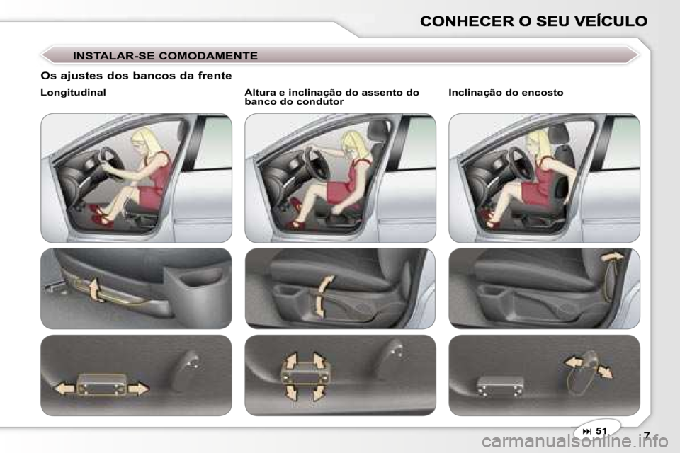 Peugeot 407 2007  Manual do proprietário (in Portuguese) �I�N�S�T�A�L�A�R�-�S�E� �C�O�M�O�D�A�M�E�N�T�E
�� �5�1
�O�s� �a�j�u�s�t�e�s� �d�o�s� �b�a�n�c�o�s� �d�a� �f�r�e�n�t�e
�L�o�n�g�i�t�u�d�i�n�a�l�A�l�t�u�r�a� �e� �i�n�c�l�i�n�a�ç�ã�o� �d�o� �a�s�s�