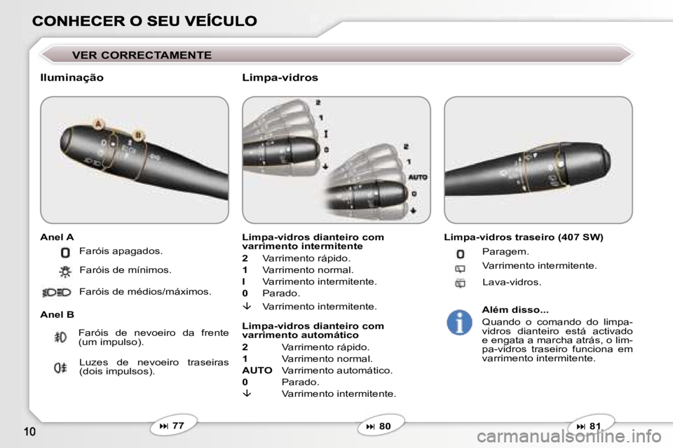 Peugeot 407 2007  Manual do proprietário (in Portuguese) �V�E�R� �C�O�R�R�E�C�T�A�M�E�N�T�E
�I�l�u�m�i�n�a�ç�ã�o
�A�n�e�l� �A
�A�n�e�l� �B
�L�i�m�p�a�-�v�i�d�r�o�s� �d�i�a�n�t�e�i�r�o� �c�o�m� �v�a�r�r�i�m�e�n�t�o� �i�n�t�e�r�m�i�t�e�n�t�e
�2� �V�a�r�r�i�