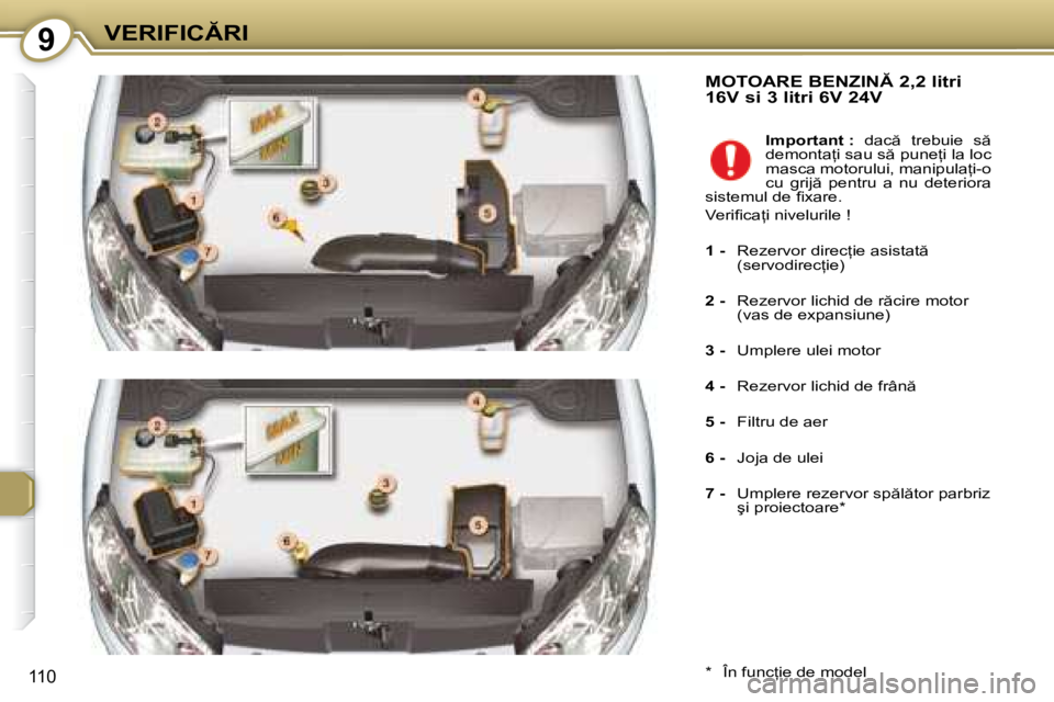 Peugeot 407 2007  Manualul de utilizare (in Romanian) 9�V�E�R�I�F�I�C�R�I
110
�M�O�T�O�A�R�E� �B�E�N�Z�I�N� �2�,�2� �l�i�t�r�i�  
�1�6�V� �s�i� �3� �l�i�t�r�i� �6�V� �2�4�V
�*�  �Î�n� �f�u�n�c=�i�e� �d�e� �m�o�d�e�l�I�m�p�o�r�t�a�n�t� �:
�  �d�a�c
