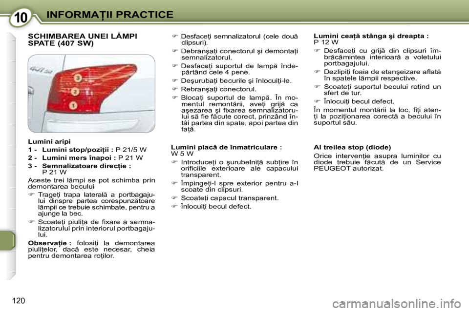 Peugeot 407 2007  Manualul de utilizare (in Romanian) 10�I�N�F�O�R�M�A�I�I� �P�R�A�C�T�I�C�E
�1�2�0
�S�C�H�I�M�B�A�R�E�A� �U�N�E�I� �L�M�P�I�  
�S�P�A�T�E� �(�4�0�7� �S�W�)�L�u�m�i�n�i� �c�e�a  � �s�t�â�n�g�a� �ş�i� �d�r�e�a�p�t�a� �:�  
�P� �1�2
