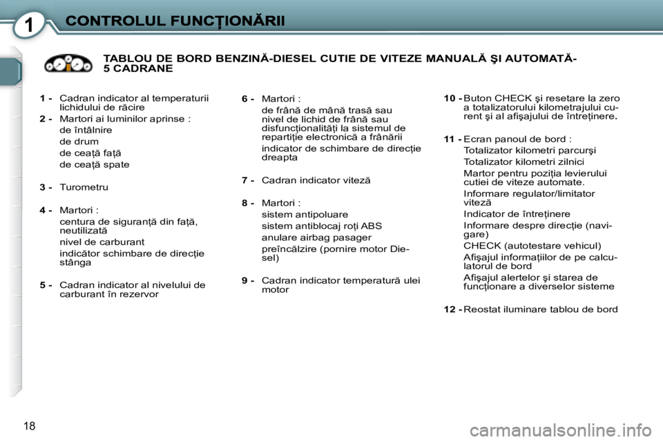 Peugeot 407 2007  Manualul de utilizare (in Romanian) 1
18
1 - Cadran indicator al temperaturii �l�i�c�h�i�d�u�l�u�i� �d�e� �r �c�i�r�e
2 - Martori ai luminilor aprinse :
  de întâlnire
  de drum
�  �d�e� �c�e�a= � �f�a= 
�  �d�e� �c�e�a= � �s�p