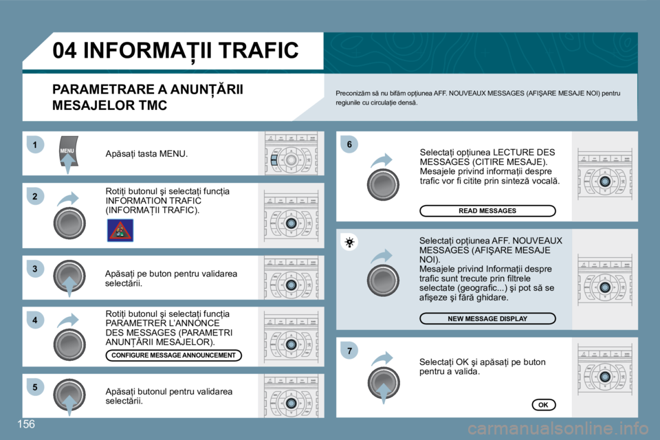 Peugeot 407 2007  Manualul de utilizare (in Romanian) 156
�1
�2
�3 
4�6
�5
�7
�A�p �s�a=�i� �t�a�s�t�a� �M�E�N�U�.
�R�E�A�D� �M�E�S�S�A�G�E�S
�N�E�W� �M�E�S�S�A�G�E� �D�I�S�P�L�A�Y
�O�K
�P�A�R�A�M�E�T�R�A�R�E� �A� �A�N�U�N�R�I�I�  
�M�E�S�A�J�E�L�O