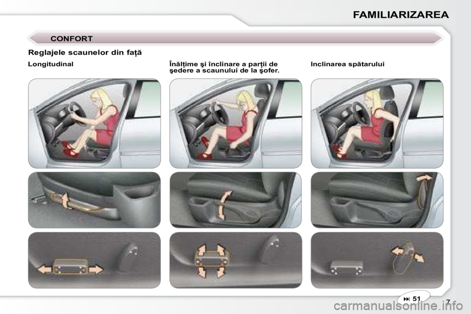 Peugeot 407 2007  Manualul de utilizare (in Romanian) �7
FAMILIARIZAREA
�C�O�N�F�O�R�T
� � 51
�R�e�g�l�a�j�e�l�e� �s�c�a�u�n�e�l�o�r� �d�i�n� �f�a  
Longitudinal �Î�n �l �i�m�e� �ş�i� �î�n�c�l�i�n�a�r�e� �a� �p�a�r �i�i� �d�e�  
�ş�e�d�e�r�e�