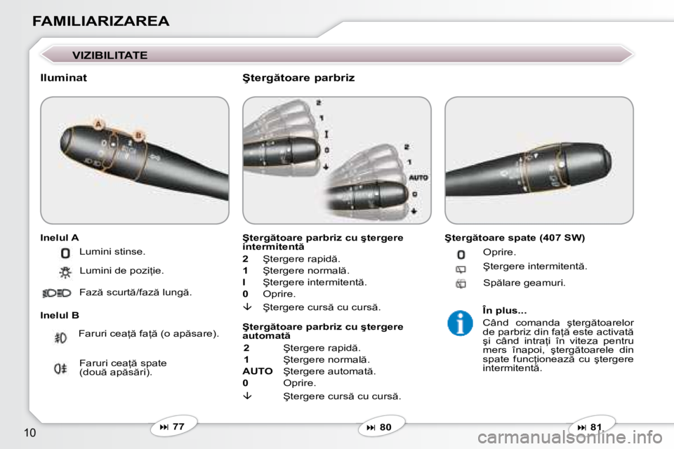 Peugeot 407 2007  Manualul de utilizare (in Romanian) �1�0
FAMILIARIZAREA
�V�I�Z�I�B�I�L�I�T�A�T�E
Iluminat
Inelul A 
Inelul B �Ş�t�e�r�g �t�o�a�r�e� �p�a�r�b�r�i�z� �c�u� �ş�t�e�r�g�e�r�e�  
�i�n�t�e�r�m�i�t�e�n�t  
2 
�Ş�t�e�r�g�e�r�e� �r�a�p�i�d