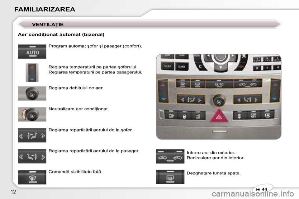 Peugeot 407 2007  Manualul de utilizare (in Romanian) 12
FAMILIARIZAREA
�A�e�r� �c�o�n�d�i �i�o�n�a�t� �a�u�t�o�m�a�t� �(�b�i�z�o�n�a�l�)
�P�r�o�g�r�a�m� �a�u�t�o�m�a�t� �ş�o�f�e�r� �ş�i� �p�a�s�a�g�e�r� �(�c�o�n�f�o�r�t�)�. 
�R�e�g�l�a�r�e�a� �t�e�m�