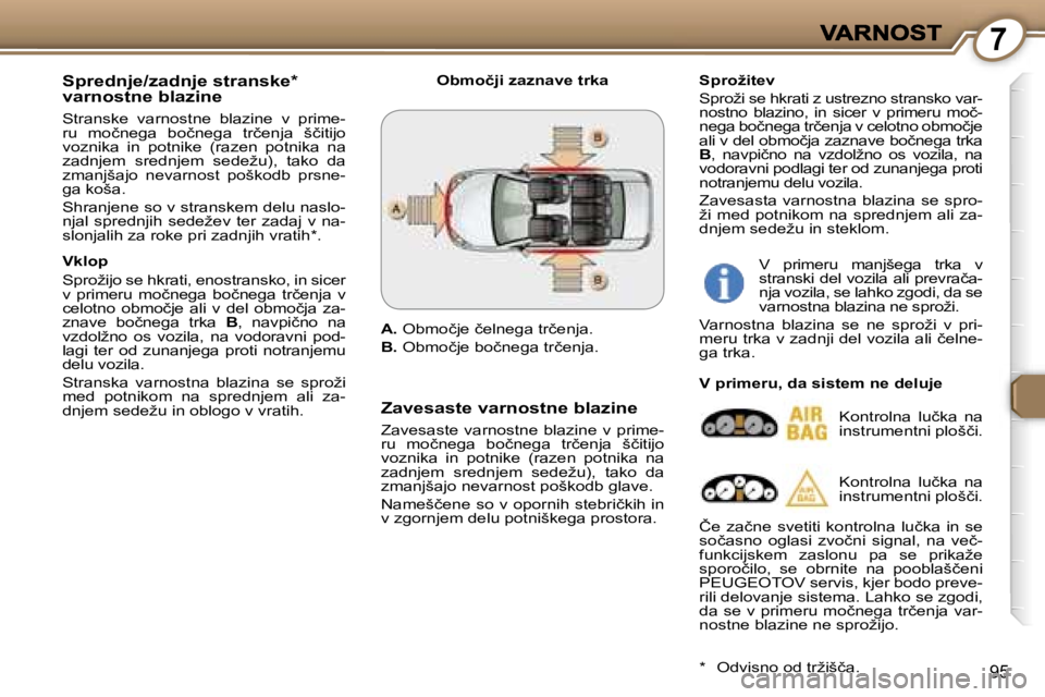 Peugeot 407 2007  Priročnik za lastnika (in Slovenian) �7
�9�5
�S�p�r�e�d�n�j�e�/�z�a�d�n�j�e� �s�t�r�a�n�s�k�e�*� �v�a�r�n�o�s�t�n�e� �b�l�a�z�i�n�e
�S�t�r�a�n�s�k�e�  �v�a�r�n�o�s�t�n�e�  �b�l�a�z�i�n�e�  �v�  �p�r�i�m�e�-�r�u�  �m�o�č�n�e�g�a�  �b�o�