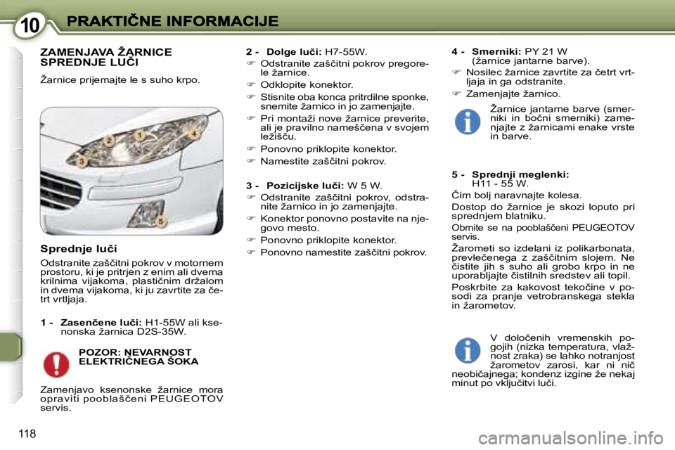 Peugeot 407 2007  Priročnik za lastnika (in Slovenian) �1�0�1�0
�1�1�8
�Z�A�M�E�N�J�A�V�A� �Ž�A�R�N�I�C�E�  
�S�P�R�E�D�N�J�E� �L�U�Č�I
�Ž�a�r�n�i�c�e� �p�r�i�j�e�m�a�j�t�e� �l�e� �s� �s�u�h�o� �k�r�p�o�.
�2� �-�  �D�o�l�g�e� �l�u�č�i�:� �H�7�-�5�5�W�