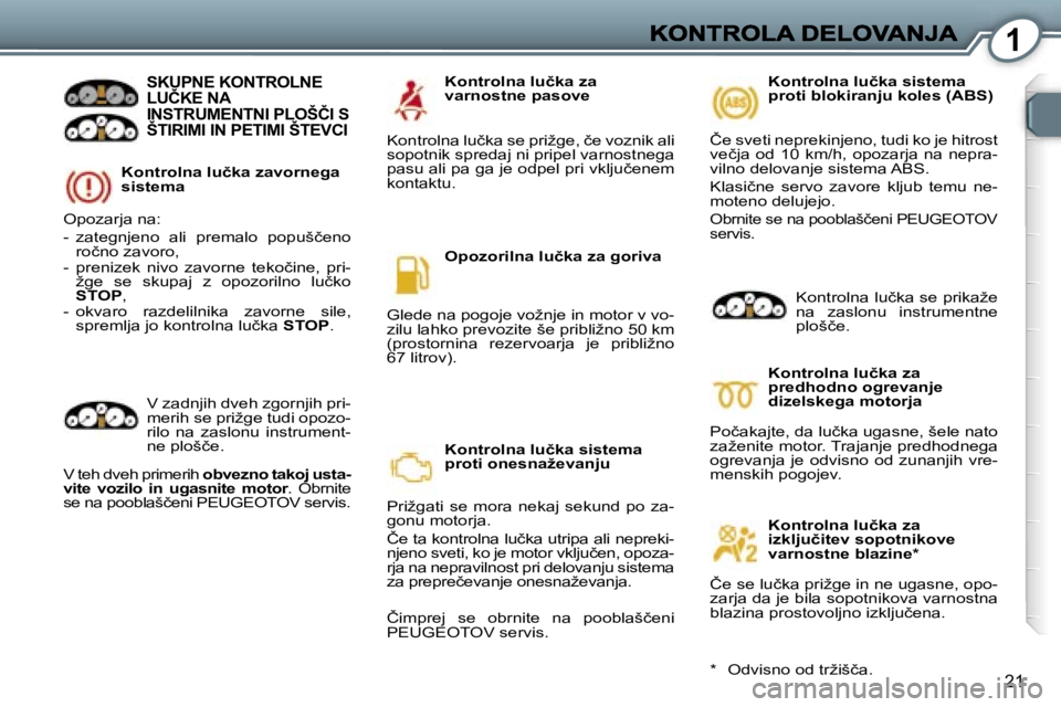 Peugeot 407 2007  Priročnik za lastnika (in Slovenian) �1
�2�1
�K�o�n�t�r�o�l�n�a� �l�u�č�k�a� �z�a�v�o�r�n�e�g�a� �s�i�s�t�e�m�a
�S�K�U�P�N�E� �K�O�N�T�R�O�L�N�E�  
�L�U�Č�K�E� �N�A� 
�I�N�S�T�R�U�M�E�N�T�N�I� �P�L�O�Š�Č�I� �S� 
�Š�T�I�R�I�M�I� �I�N