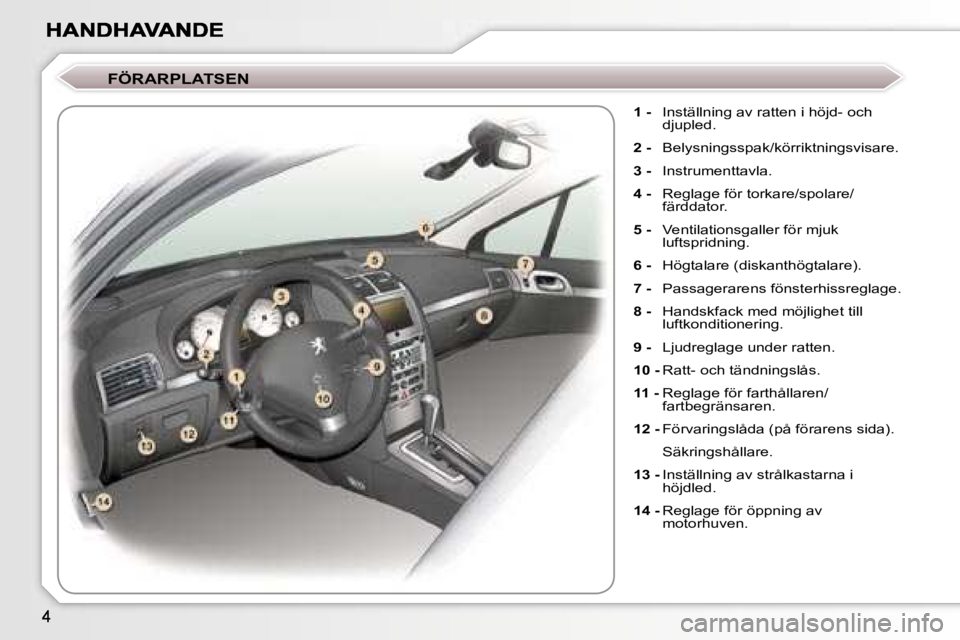 Peugeot 407 2007  Ägarmanual (in Swedish) � �F�Ö�R�A�R�P�L�A�T�S�E�N
�1� �-�  �I�n�s�t�ä�l�l�n�i�n�g� �a�v� �r�a�t�t�e�n� �i� �h�ö�j�d�-� �o�c�h� �d�j�u�p�l�e�d�.
�2� �-�  �B�e�l�y�s�n�i�n�g�s�s�p�a�k�/�k�ö�r�r�i�k�t�n�i�n�g�s�v�i�s�a�r�e