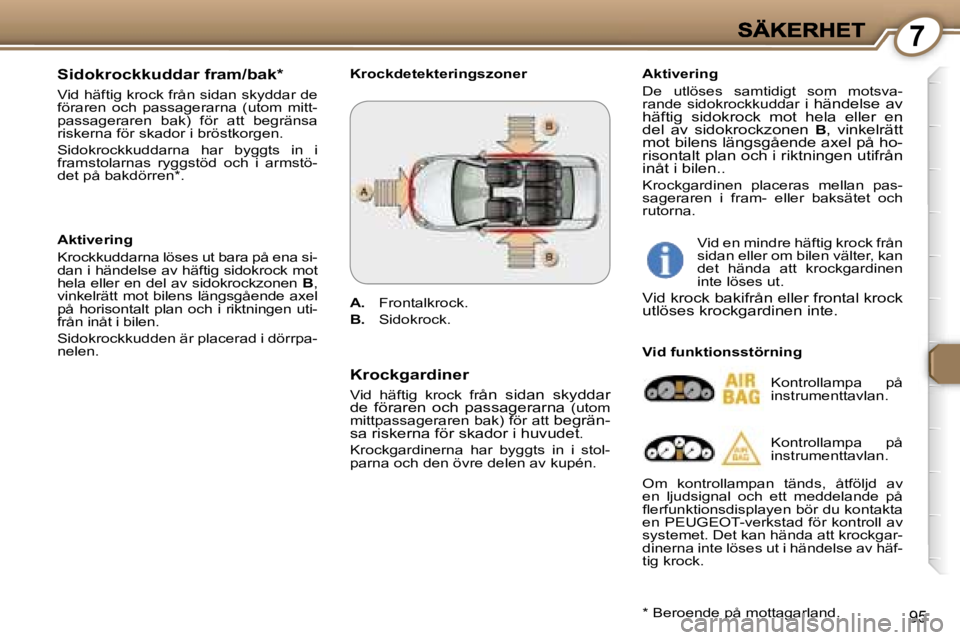 Peugeot 407 2007  Ägarmanual (in Swedish) �7
�9�5
�S�i�d�o�k�r�o�c�k�k�u�d�d�a�r� �f�r�a�m�/�b�a�k�*
�V�i�d� �h�ä�f�t�i�g� �k�r�o�c�k� �f�r�å�n� �s�i�d�a�n� �s�k�y�d�d�a�r� �d�e� �f�ö�r�a�r�e�n�  �o�c�h�  �p�a�s�s�a�g�e�r�a�r�n�a�  �(�u�t�